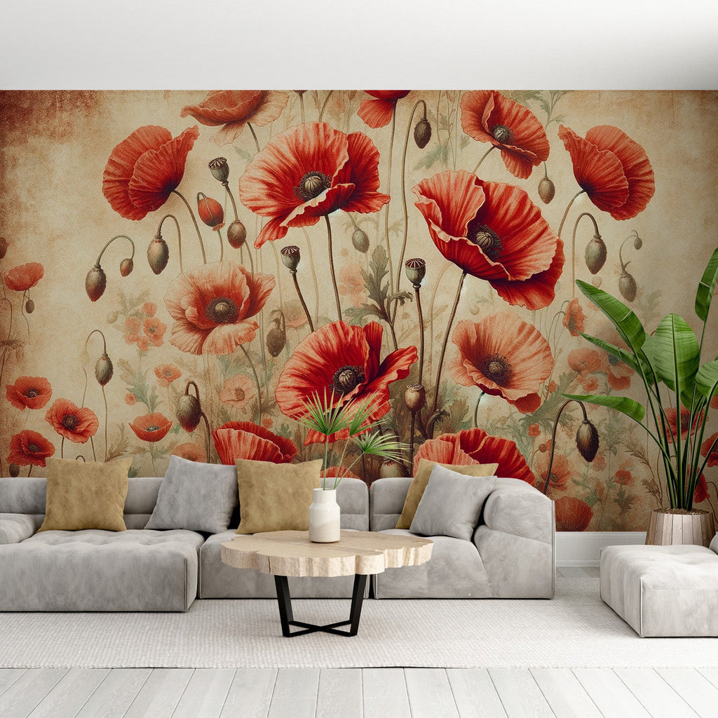 Poppy Tapeta | Vintage květiny a poupata — WonderMural, image size:1024x1024