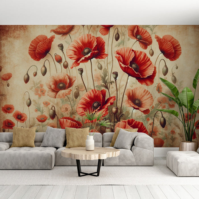 Poppy Mural Wallpaper | Vintage Flowers and Buds