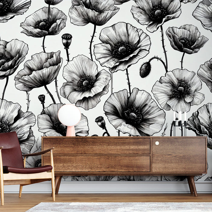 Poppy Mural Wallpaper | Black and White Flowers