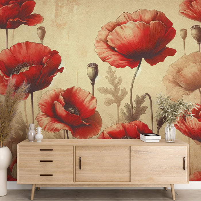 Poppy Mural Wallpaper | Red Flowers with Vintage Background