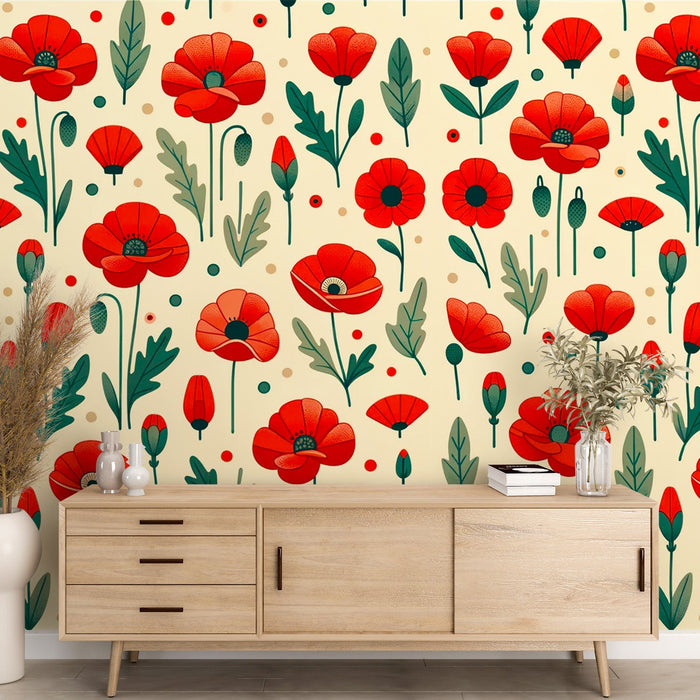 Poppy Mural Wallpaper | Red and Green Illustration on a Light Background