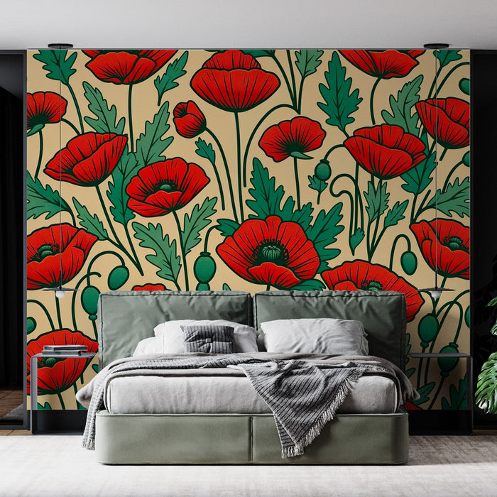 Poppy Mural Wallpaper | Red with Vintage Green Leaves