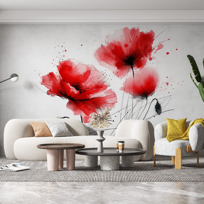 Poppy Mural Wallpaper | Red and Black Japanese Writing Style