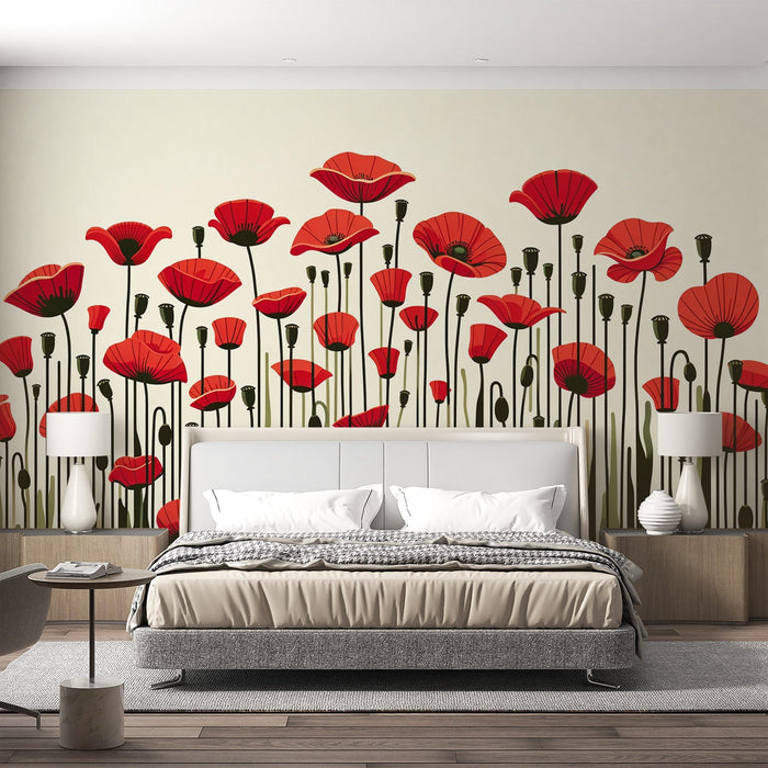 Poppy Mural Wallpaper | Black Stems and Red Petals