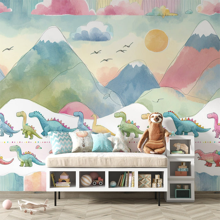 Papel de parede com mural de dinossauros | Aquarela vívida com montanhas