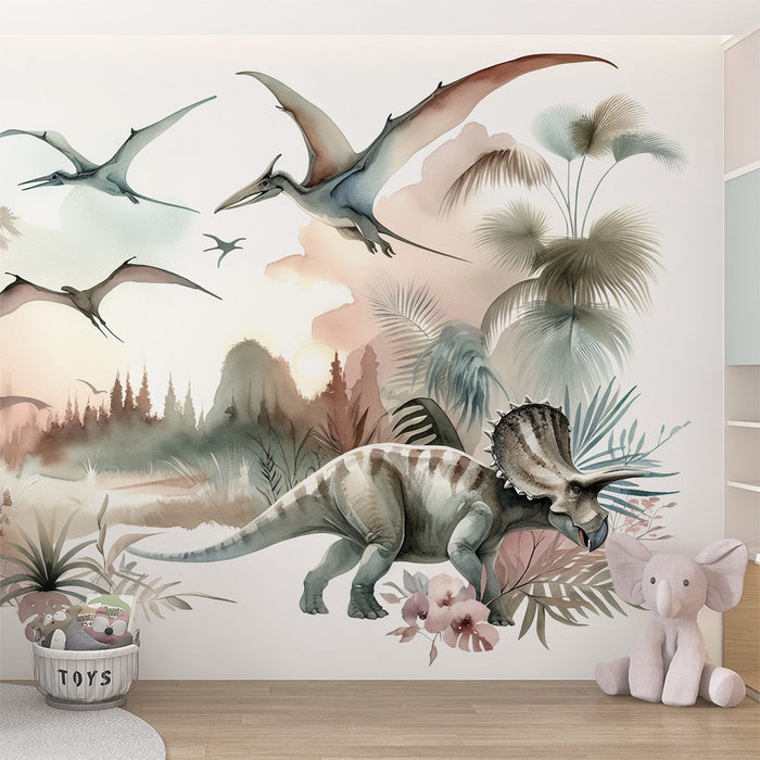 Papel de parede de mural de dinossauro | Palmeiras e folhagem em aquarela