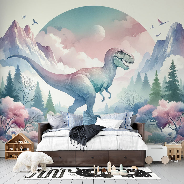 Papel de parede do mural de dinossauro | Aquarela rosa de um T-Rex nas montanhas