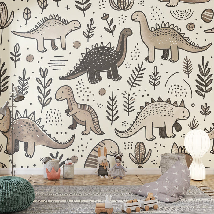 Dinosaur Mural Wallpaper | Beige and Cream with Foliage