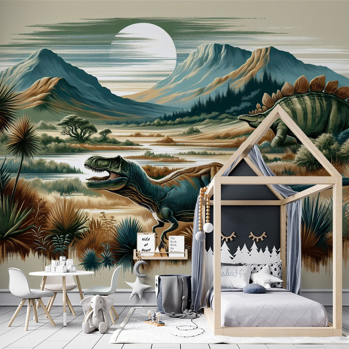 Dinosaur Mural Wallpaper | Playful Cartoon Design with Navy Background