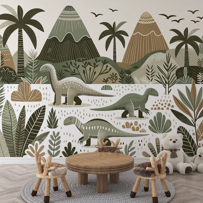 Dinosaur Mural Wallpaper | Foliage and Dinosaurs in Neutral Tones