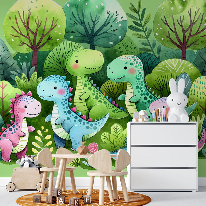 Dinosaur Mural Wallpaper | Colorful Dinosaur Green Forest