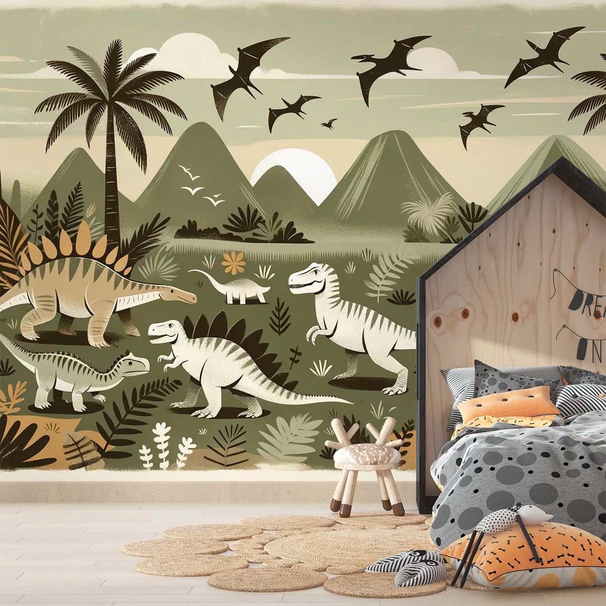 Dinosaur Mural Wallpaper | Playful Cartoon Design with Navy Background main image 0