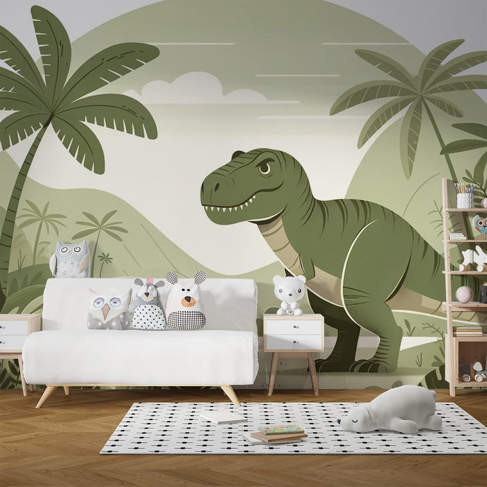 Dinosaur Mural Wallpaper | Illustration of a T-Rex in a Green Jungle