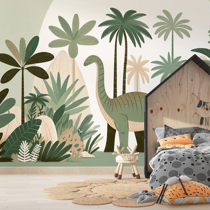 Dinosaur Mural Wallpaper | Palm Trees and Green Diplodocus