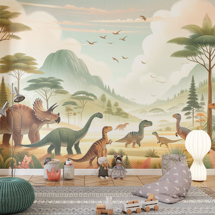 Dinosaur Mural Wallpaper | Soft Toned Prehistoric Landscape
