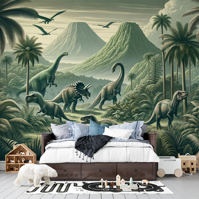 Dinosaur Mural Wallpaper | Realistic Greenish Landscape