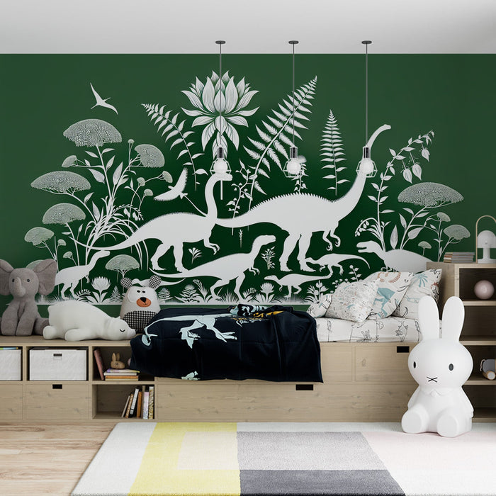 Papel de parede com mural de dinossauros | Silhuetas brancas em fundo verde