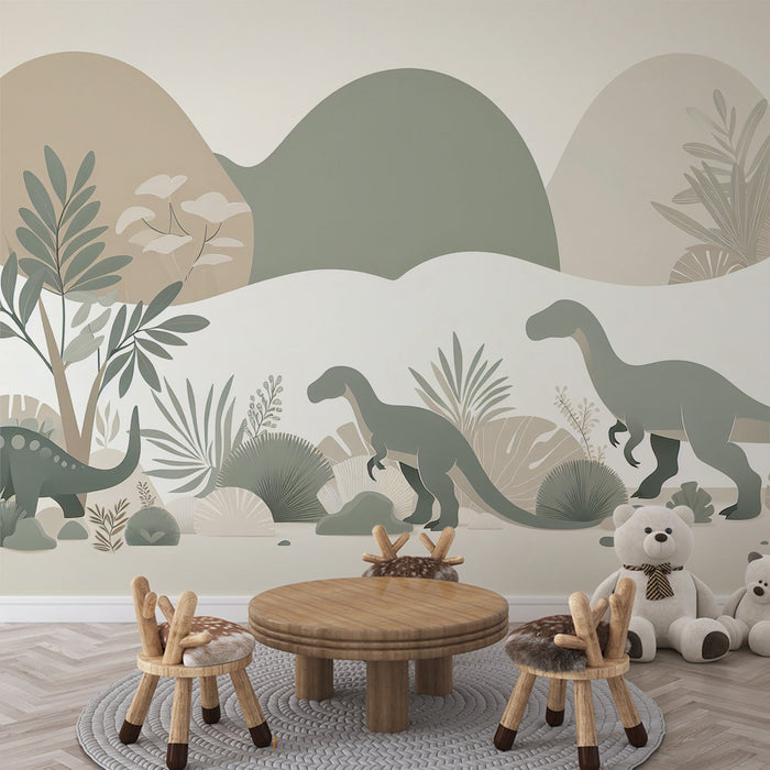 Dinosaur Mural Wallpaper | Green Silhouettes on a White and Neutral Background