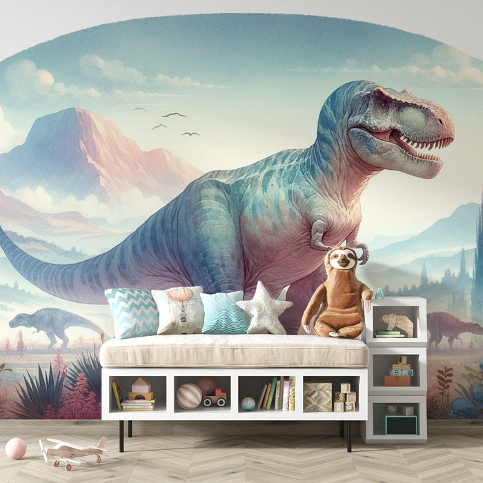 Papel de parede de Mural de Dinossauro | T-Rex e Campo de Dinossauros