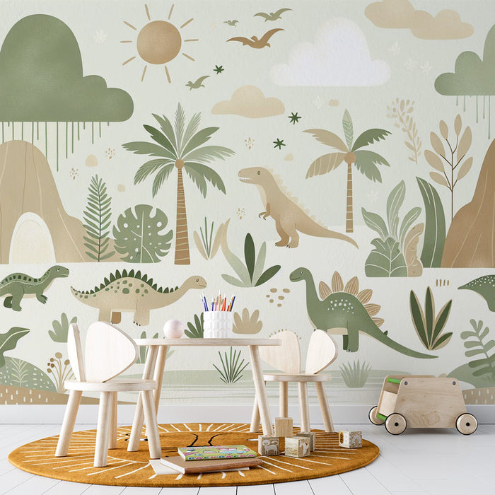 Dinosaur Mural Wallpaper | Neutral Tones with Mountains and Clouds