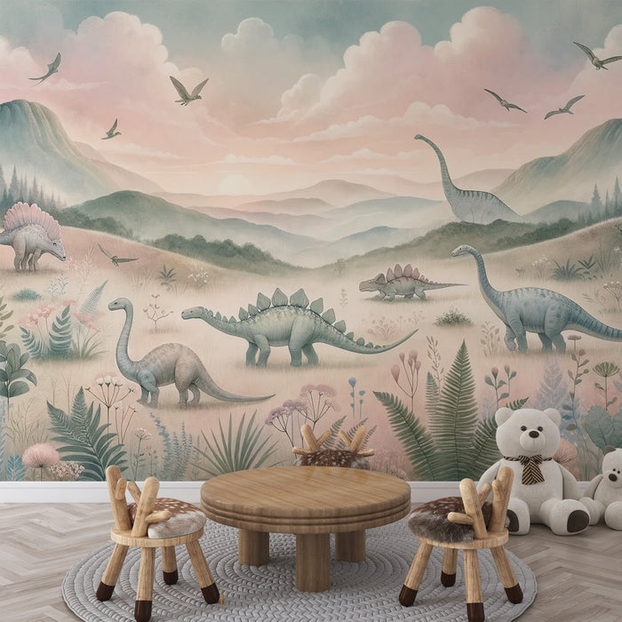Dinosaur Mural Wallpaper | Pastel-Toned Mountain Valley