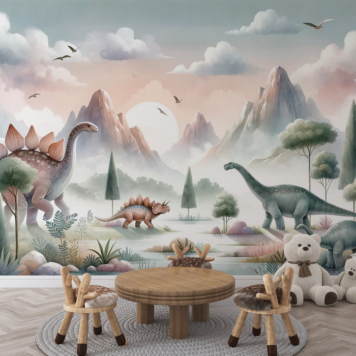 Dinosaur Mural Wallpaper | Mountain Valley with River