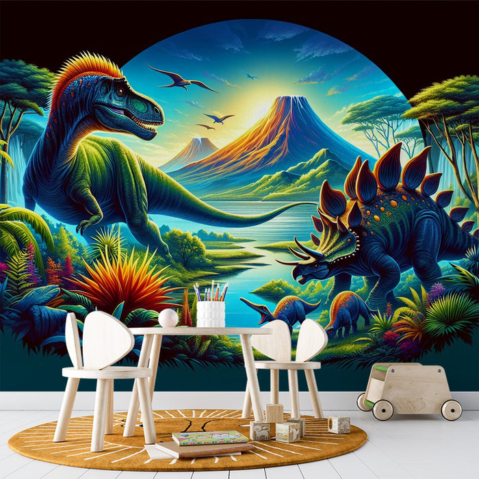Papel de parede do mural do dinossauro | Vulcão nos Trópicos