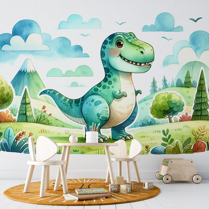 Baby Dinosaur Mural Wallpaper | Watercolor of a Green T-Rex in a Meadow