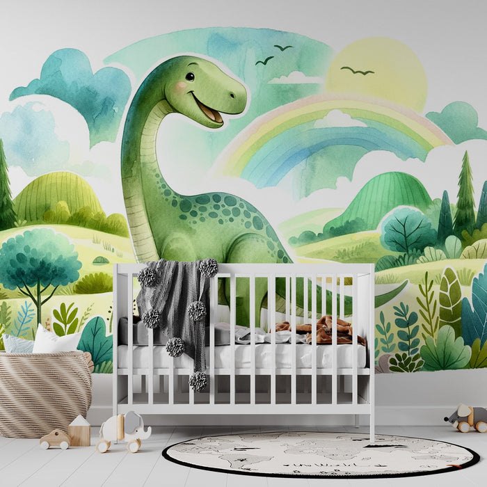 Baby Dinosaur Mural Wallpaper | Watercolor of a Green Diplodocus in a Meadow