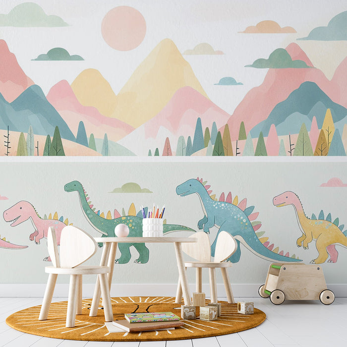 Baby Dinosaur Mural Wallpaper | Vibrant Colors in the Mountains