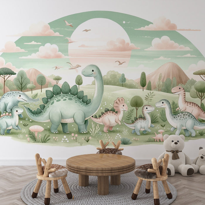 Baby Dinosaur Mural Wallpaper | Cute Green Design