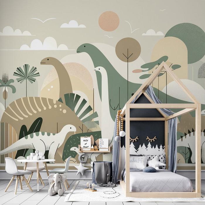 Baby Dinosaur Mural Wallpaper | Imaginary Illustration of Dinosaurs in Neutral Tones