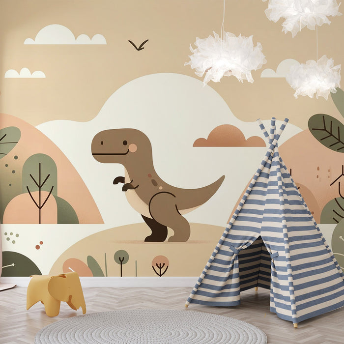 Baby Dinosaur Mural Wallpaper | Little Dino in His Terracotta Jungle