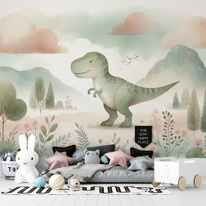 Baby Dinosaur Mural Wallpaper | Cute T-Rex in the Midst of Mountains