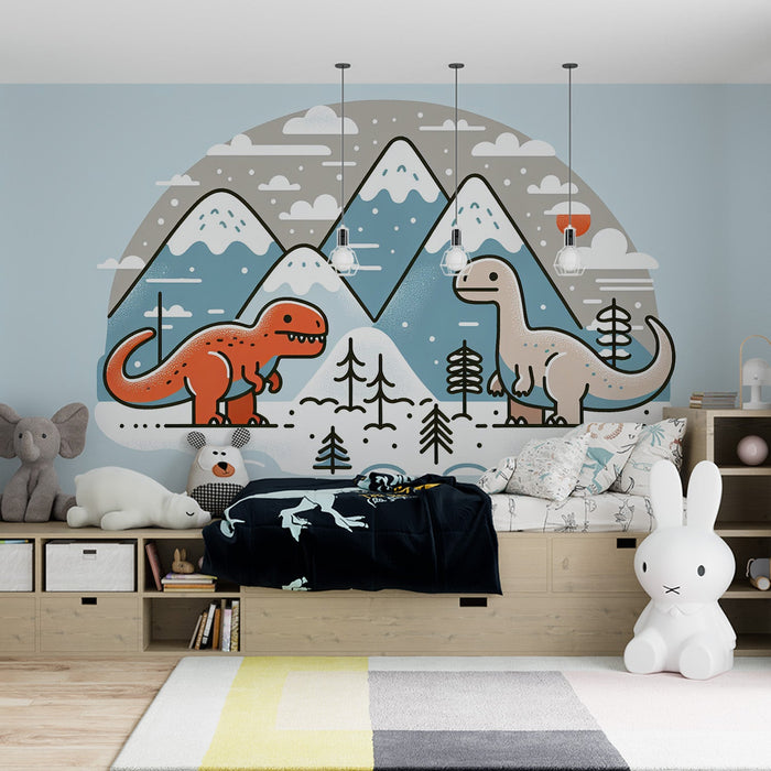 Child Dinosaur Mural Wallpaper | Snowy Mountain with Dinosaur Duo