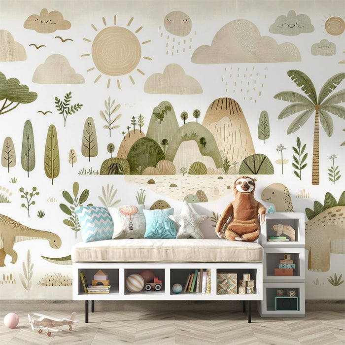 Dinosaur Children's Mural Wallpaper | Tropics, Mountains, and Clouds