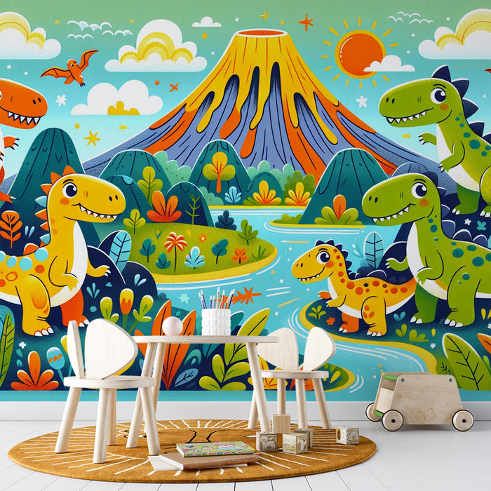 Dinosaur Kids Mural Wallpaper | Volcanoes and Around the River