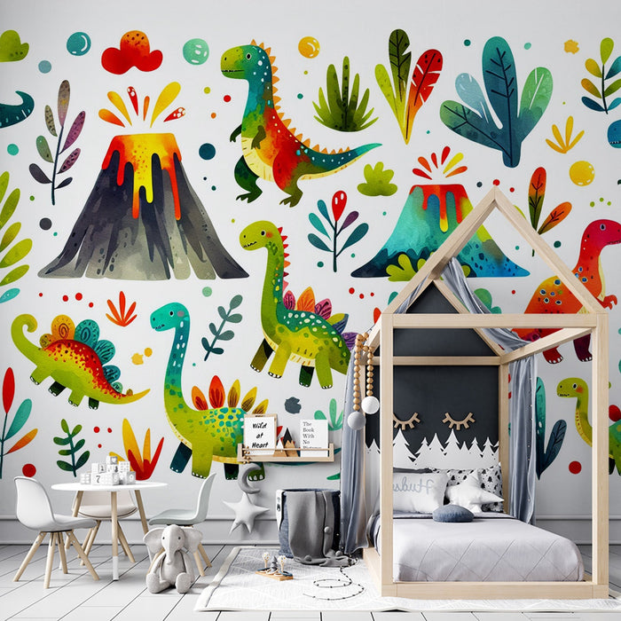 Dinosaur Kids Mural Wallpaper | Colorful Volcanoes and Foliage