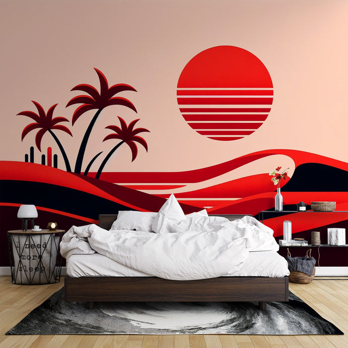 Dune Mural Wallpaper | Desert and Red Sunset with Palm Trees