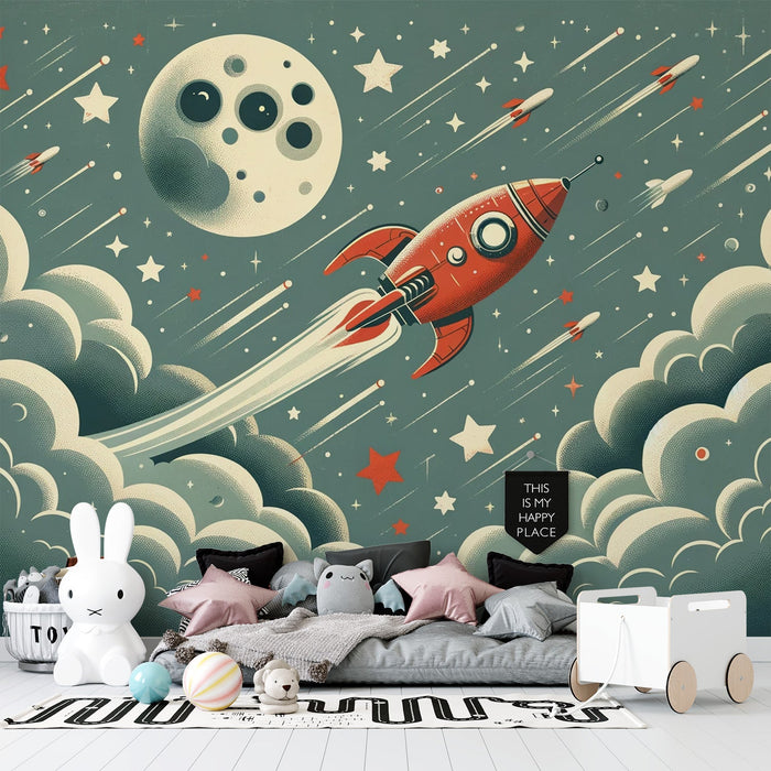 Space Mural Wallpaper | With Rocket Launching and the Moon
