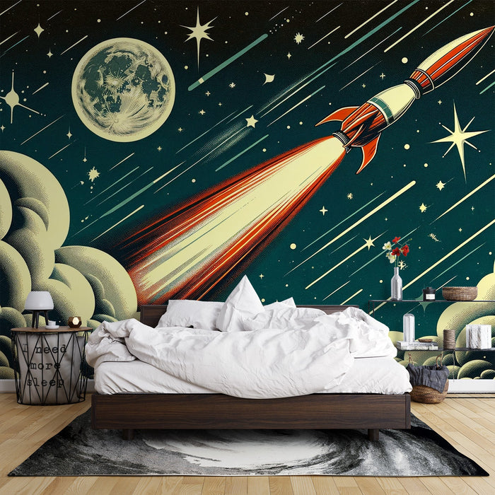 Space Mural Wallpaper | Rocket Takeoff in Cartoon Style