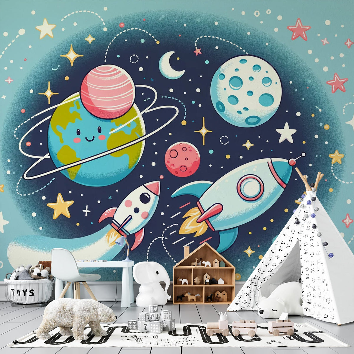 Space Foto Behang | Schattige Raketjes, Planeten en Sterren — WonderMural, image size:1200x1200