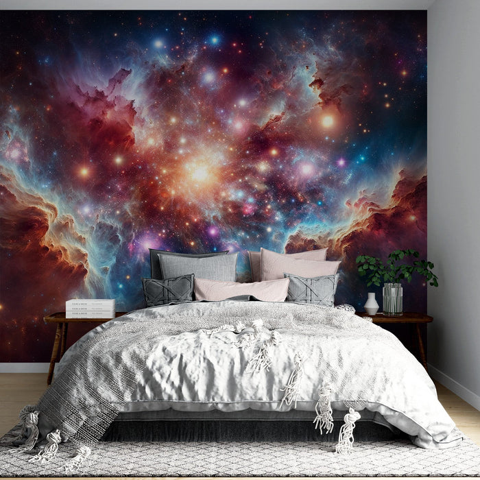 Papel de parede Mural Espacial | Galáxia laranja, azul e roxa e Via Láctea