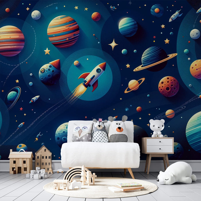 Space Mural Wallpaper | Cartoon Drawing of Planet and Rocket