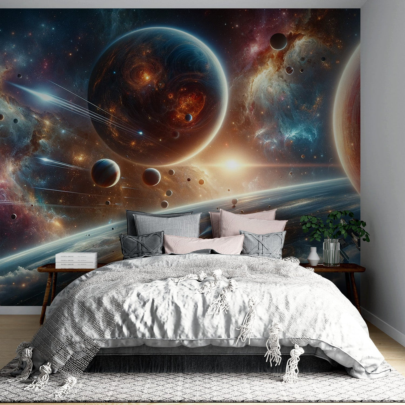 Space Mural Wallpaper | Pastel Planets and Stars Design main image 0