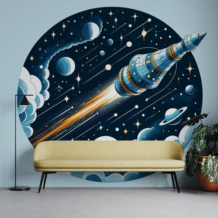 Papel pintado espacial | Estrellado redondo con cohete 3D