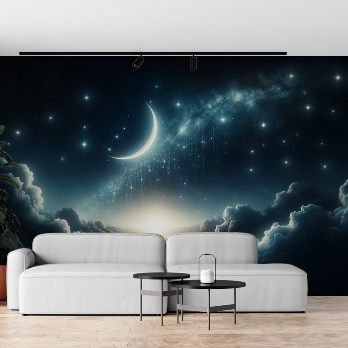 Star Mural Wallpaper | Crescent Moon with Shooting Star