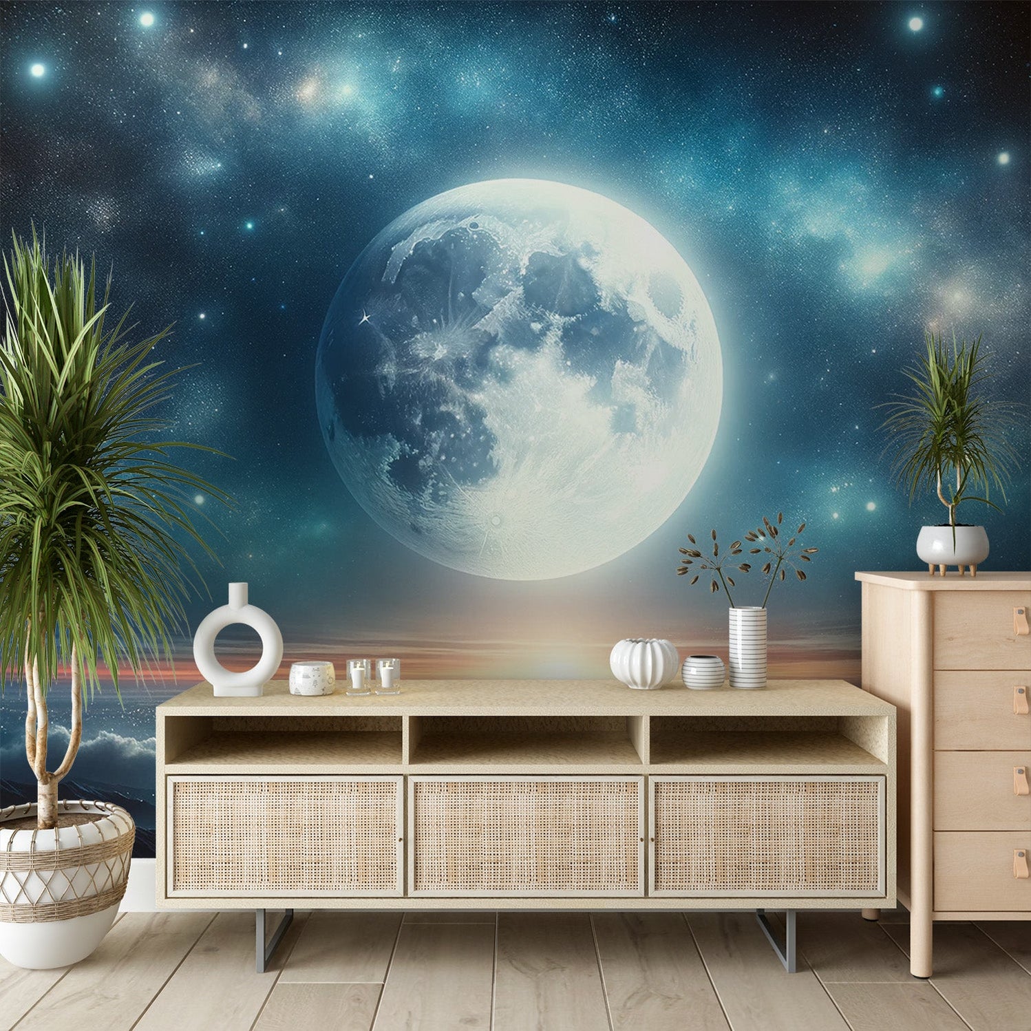 Star Mural Wallpaper | Full Moon and Mountain — WonderMural