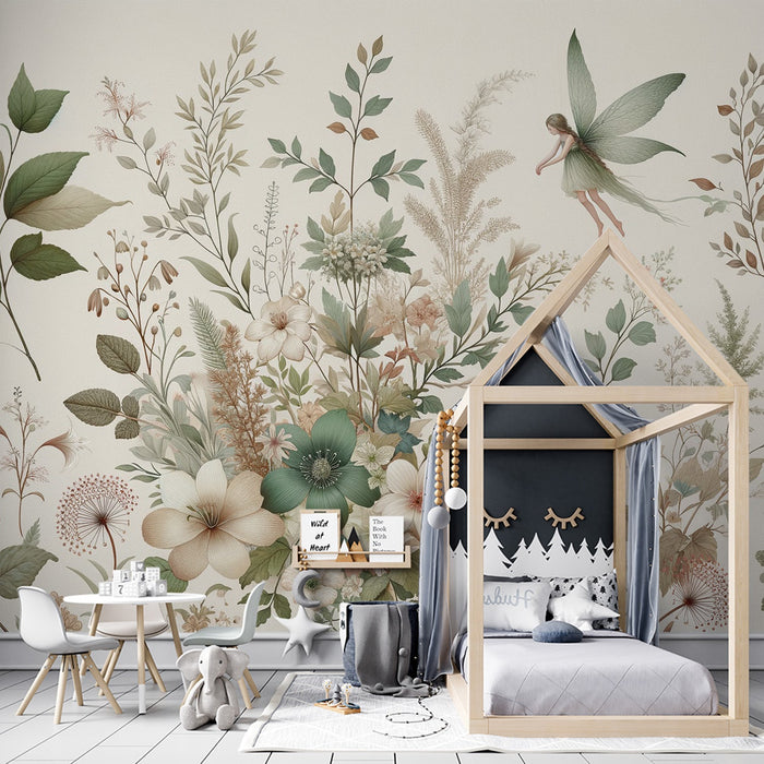 Papel de parede Encantado | Folhas Verdes com Flores e Fada