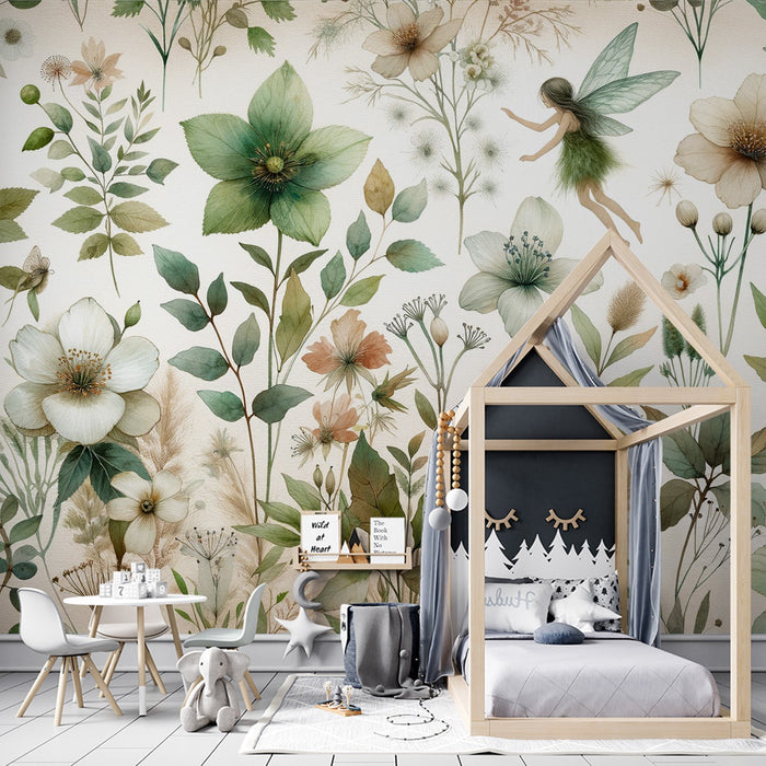 Enchanted Mural Wallpaper | Green Watercolor Flowers with Fairy